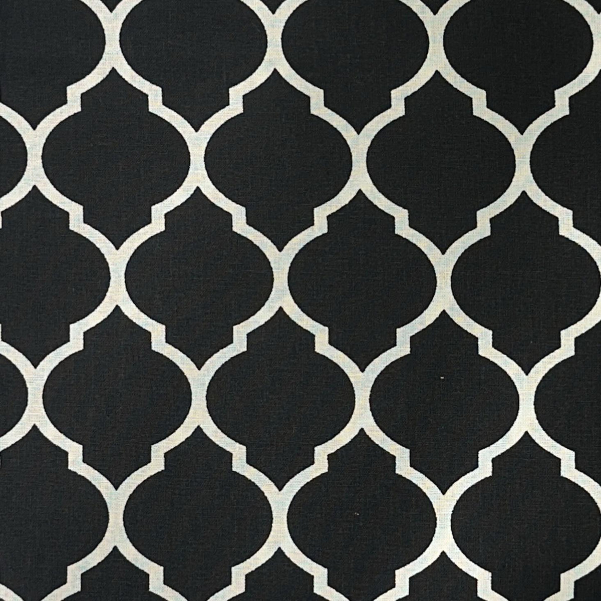 Black and white 100% cotton fabric with a repeating geometric lattice pattern