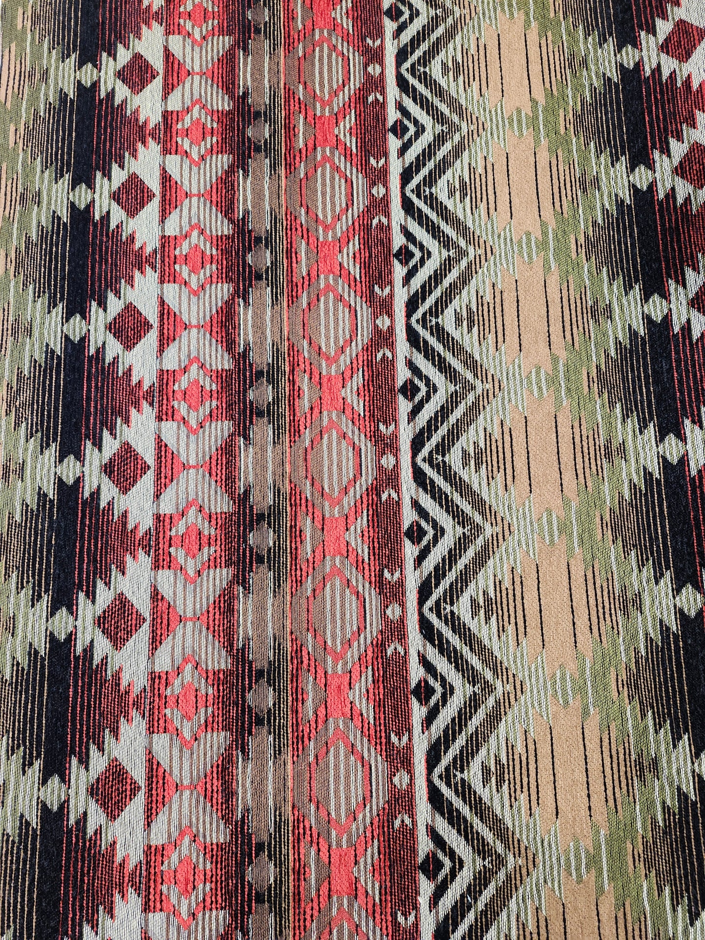 Southwestern geometric wool blend Melton upholstery fabric in brown, gold, and red