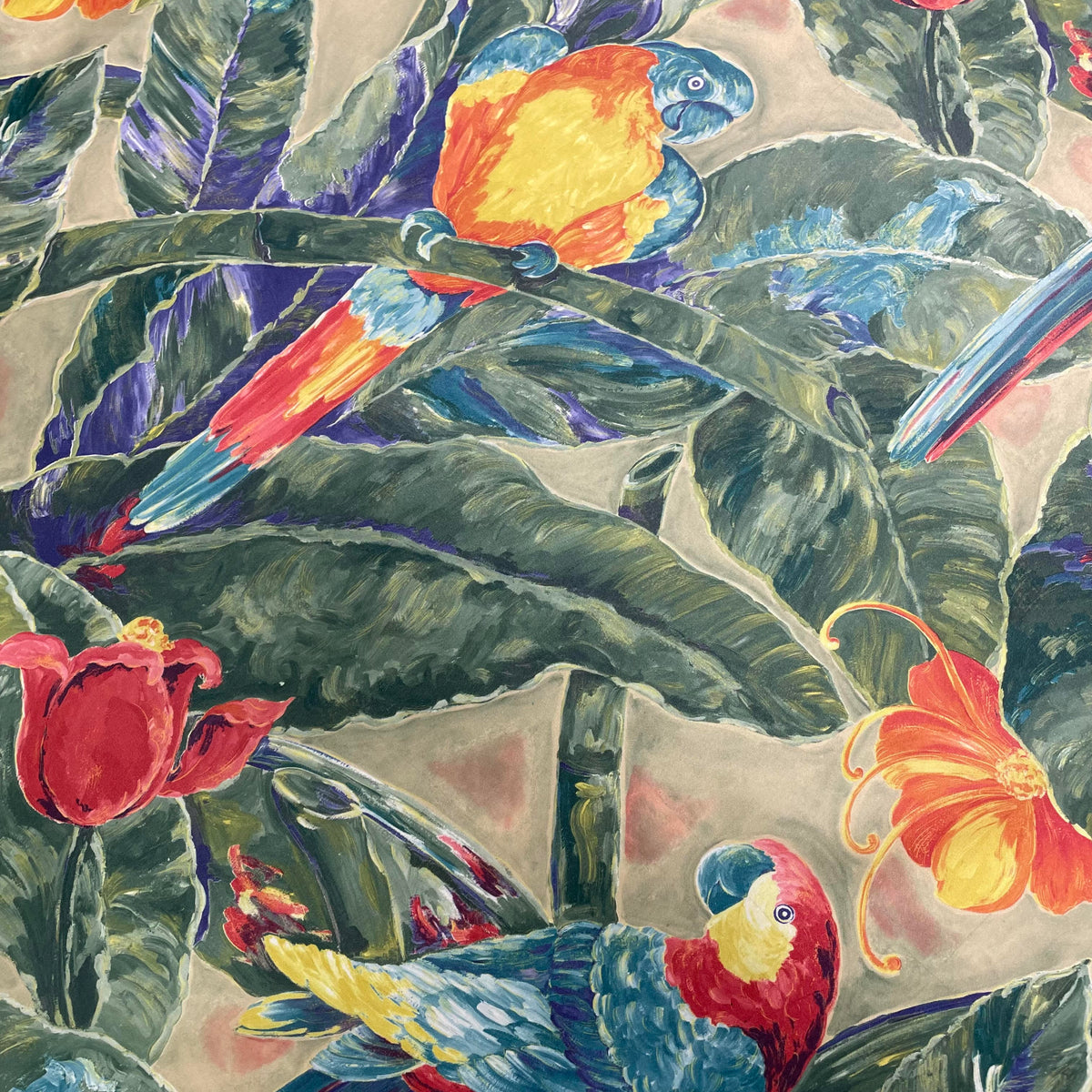 Green and orange polyester fabric with a tropical Birds of Paradise botanical print