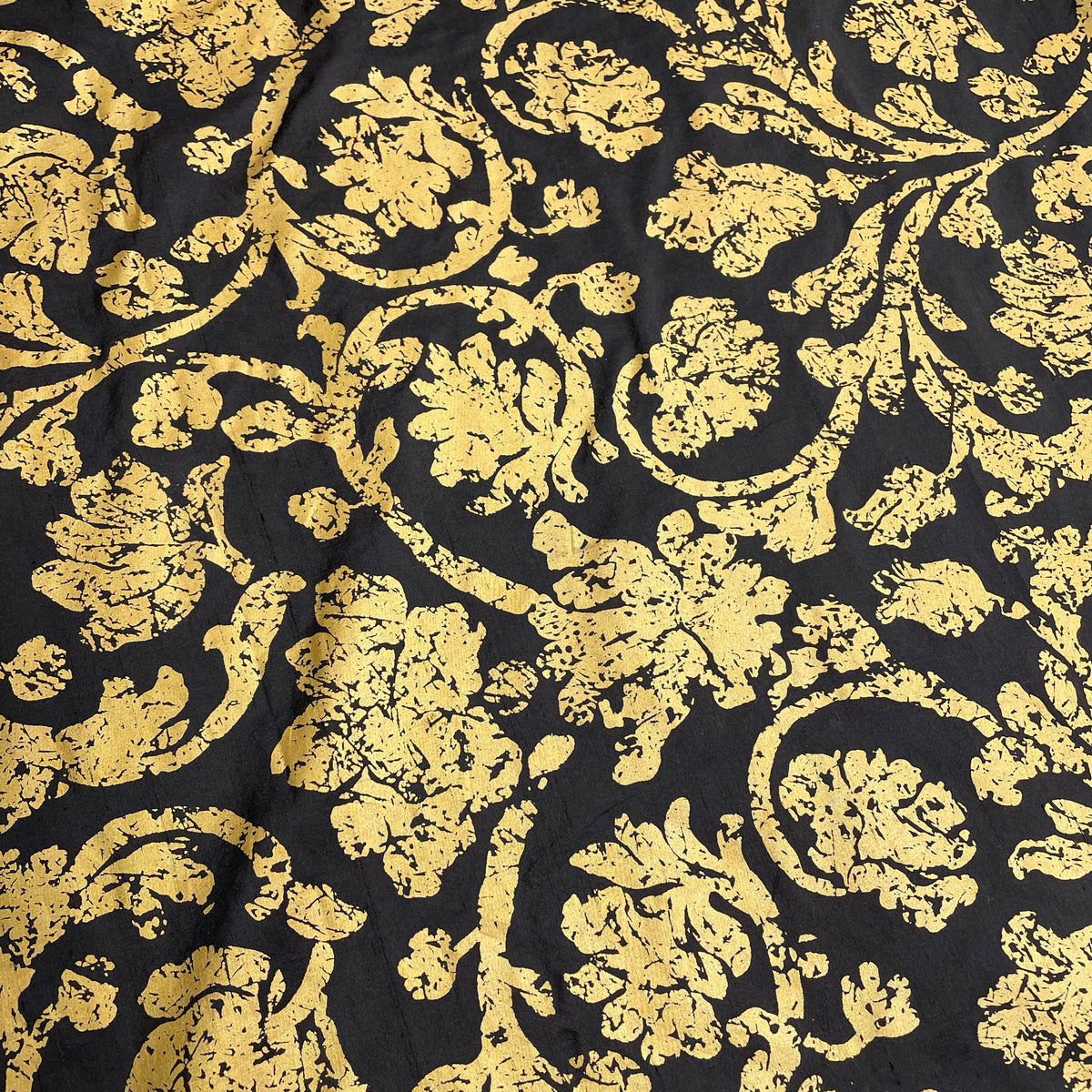 100% silk floral damask fabric in black and gold for apparel and home décor