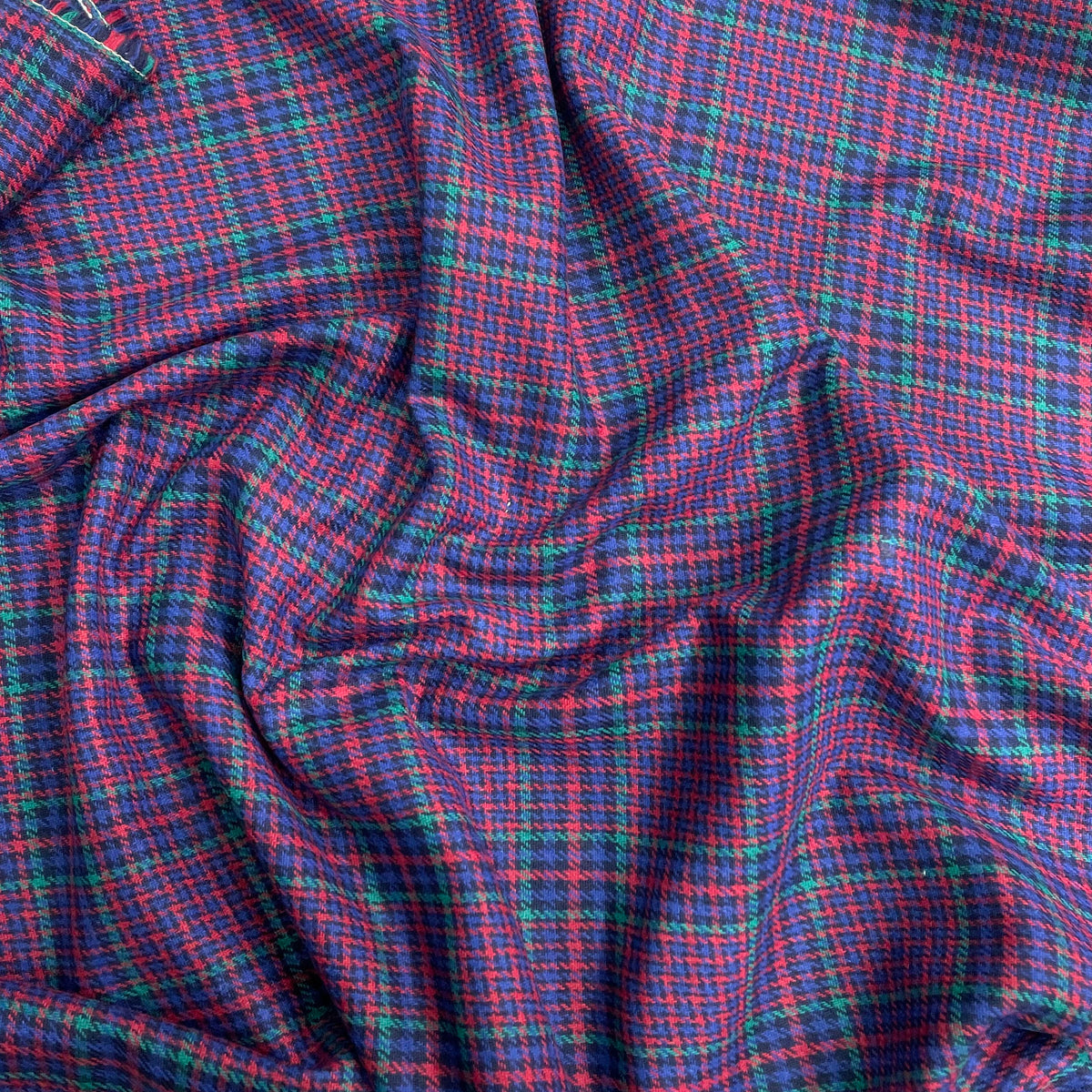 Blue red and green houndstooth plaid 100% wool fabric