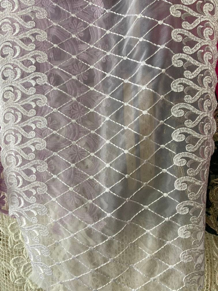 White 14-inch lace trim with sheer diamond mesh and ornate embroidered scroll borders