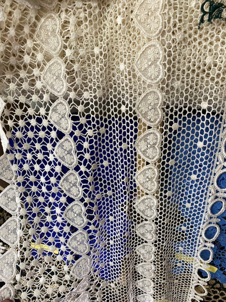 White 14-inch polyester lace trim with decorative openwork detailing