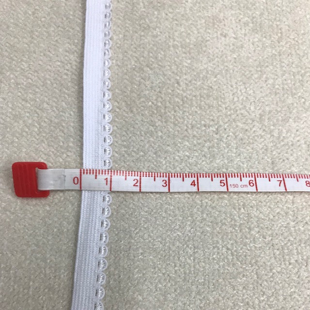 White 1 cm elastic lace trim with a repeating decorative half-circle edge