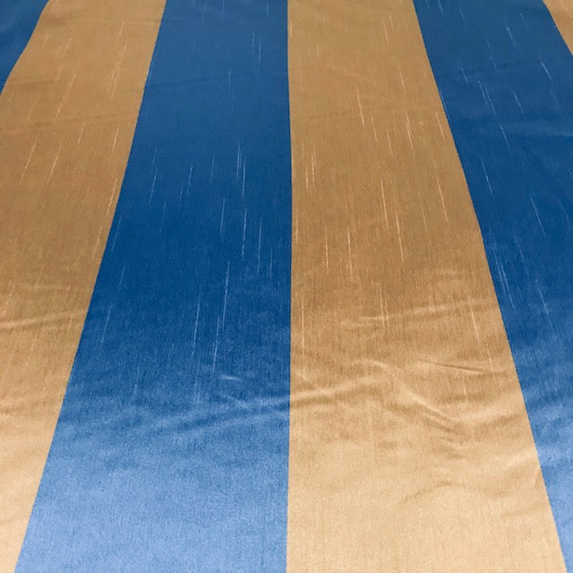 Extra-wide Italian taffeta striped fabric in blue and gold for drapery and home décor