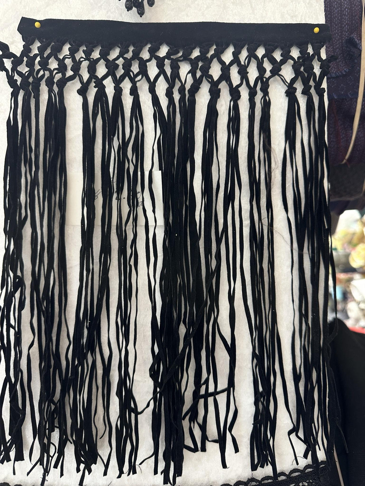 Black 12-inch lace fringe trim with decorative openwork detailing and long fringe
