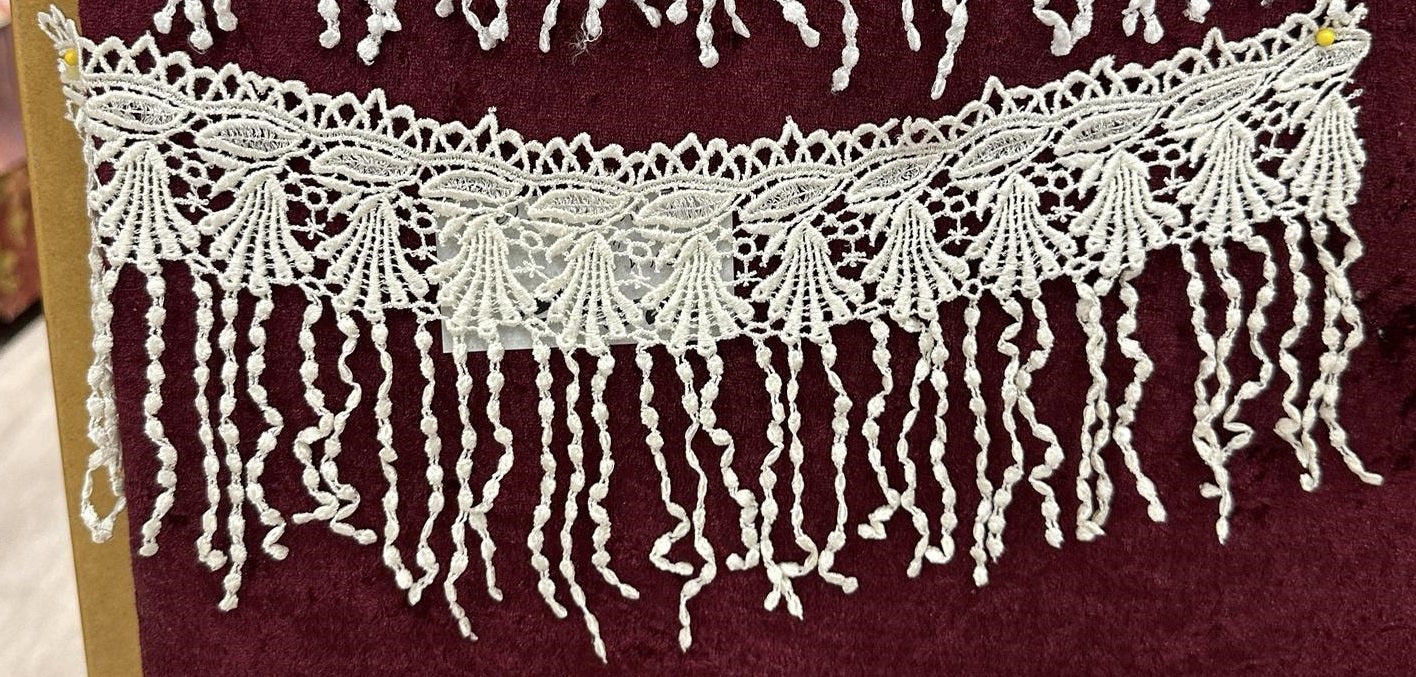 White 5-inch lace fringe trim with openwork detailing and long textured hanging strands