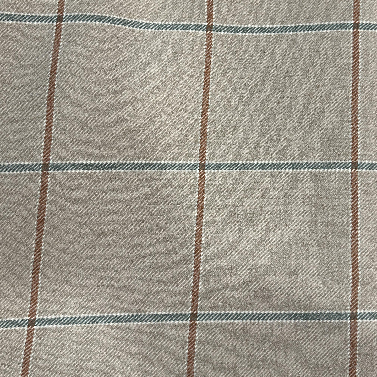 Brown 100% wool fabric with a classic plaid pattern and textured woven surface