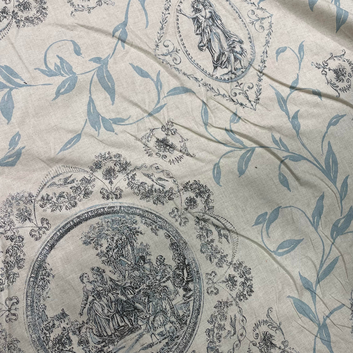 Beige and blue cotton-linen fabric with a classic Toile De Jouy scenic print