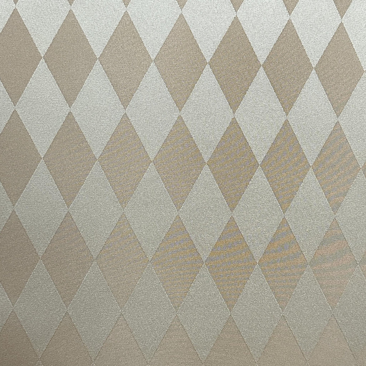 Gold polyester drapery fabric with a repeating rhombus geometric pattern