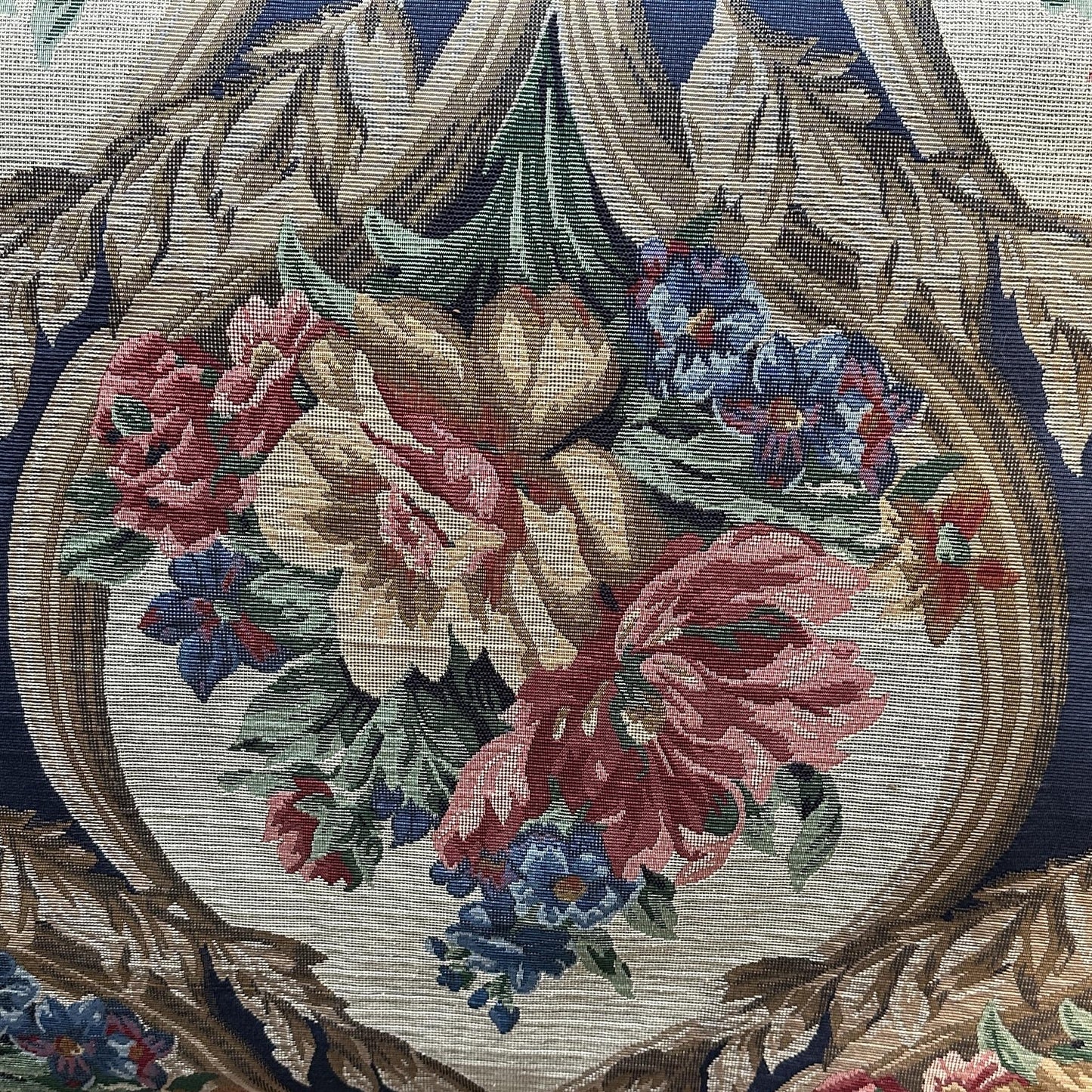 Antique-inspired floral upholstery fabric with decorative flower pattern