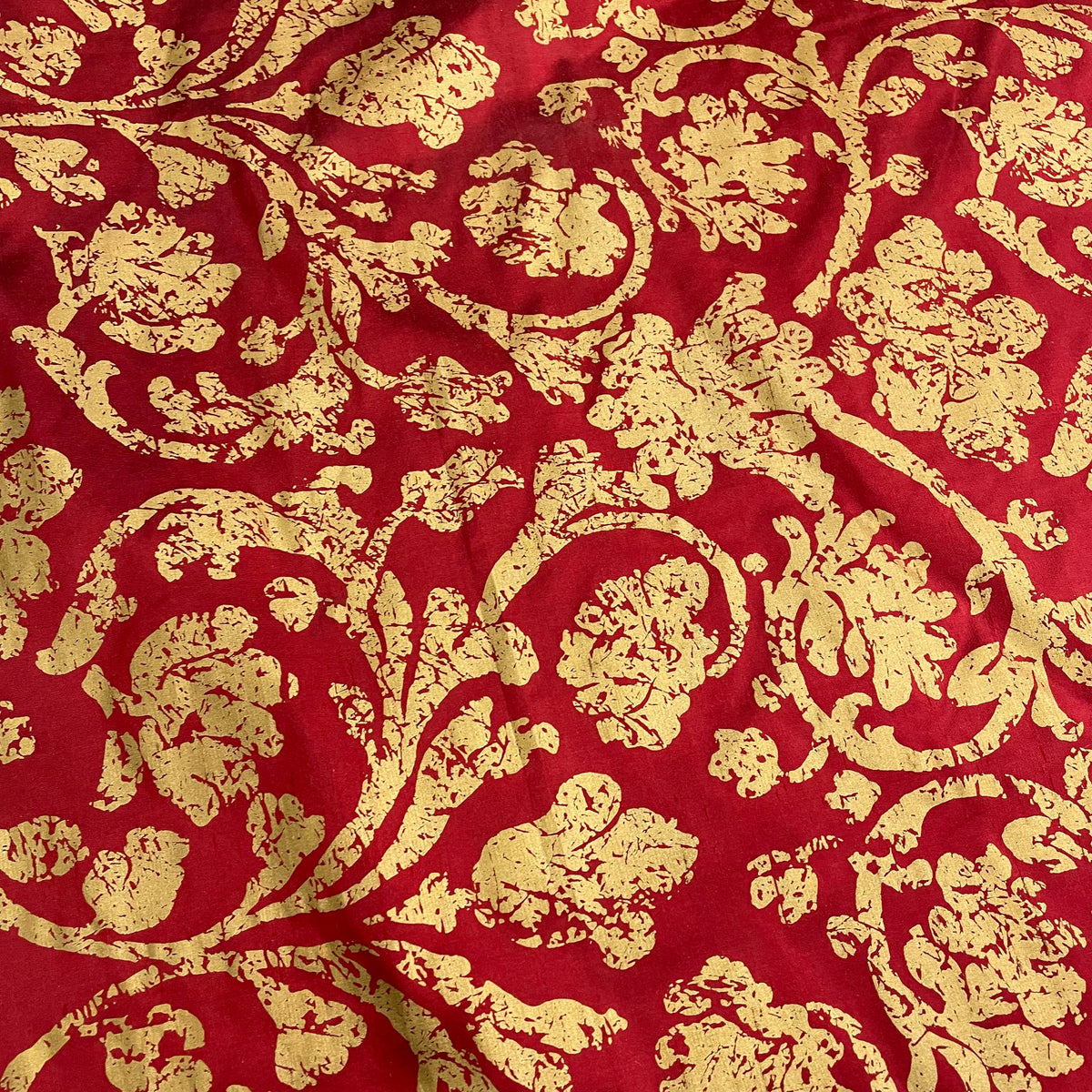 100% silk floral damask fabric in red and gold for apparel and home décor
