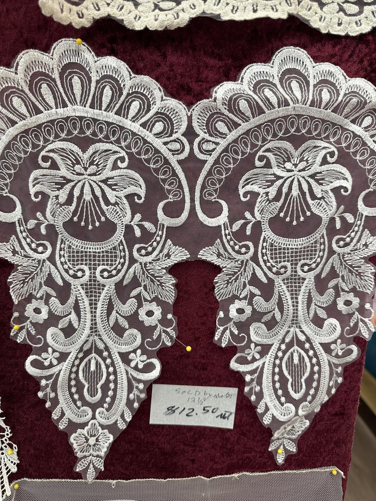 White 13.5-inch lace trim with decorative openwork detailing