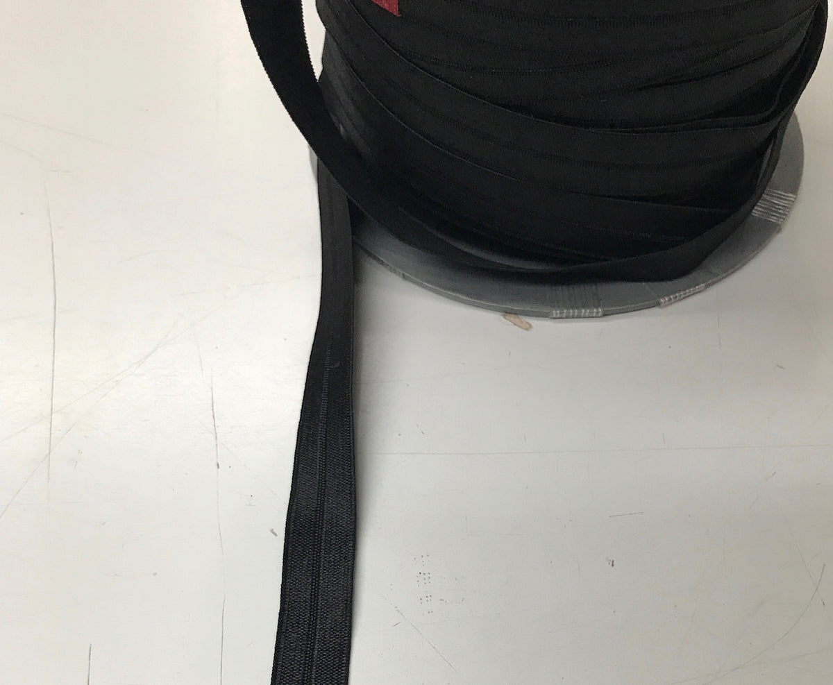 Dark narrow poly-spandex elastic trim with a flexible woven appearance