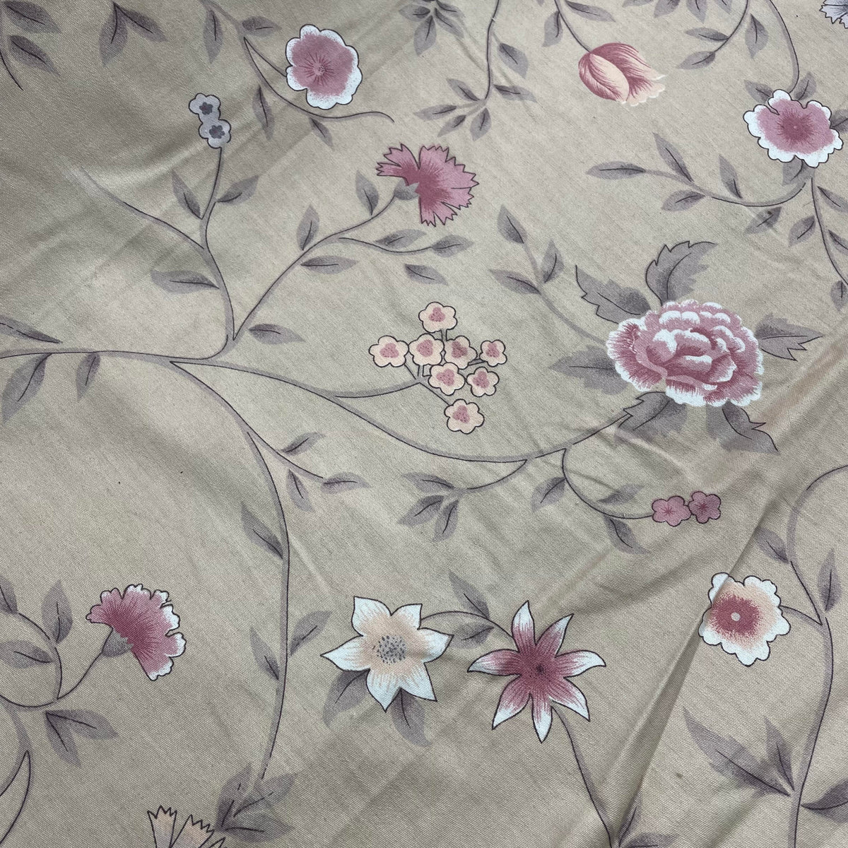 Pink 100% cotton fabric with a decorative floral botanical print